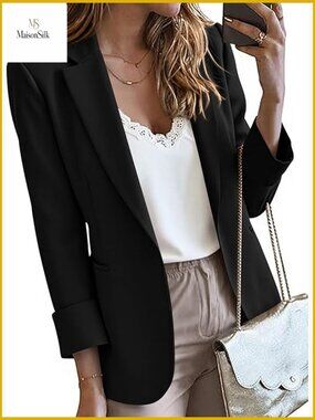 Long Sleeve Open Front Blazer, Notch Lapel, Two Pockets, Lightweight Polyester